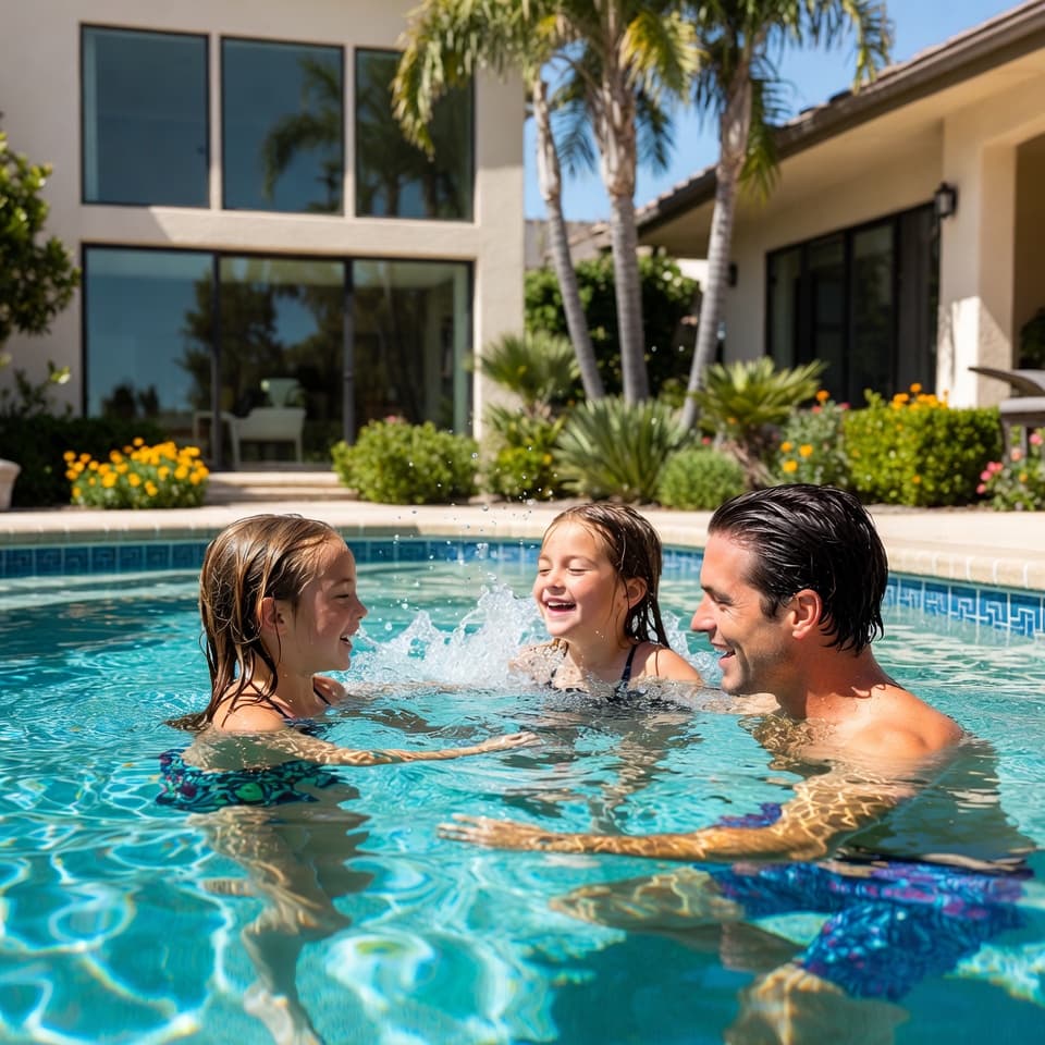 Child swimming safely in crystal clear pool