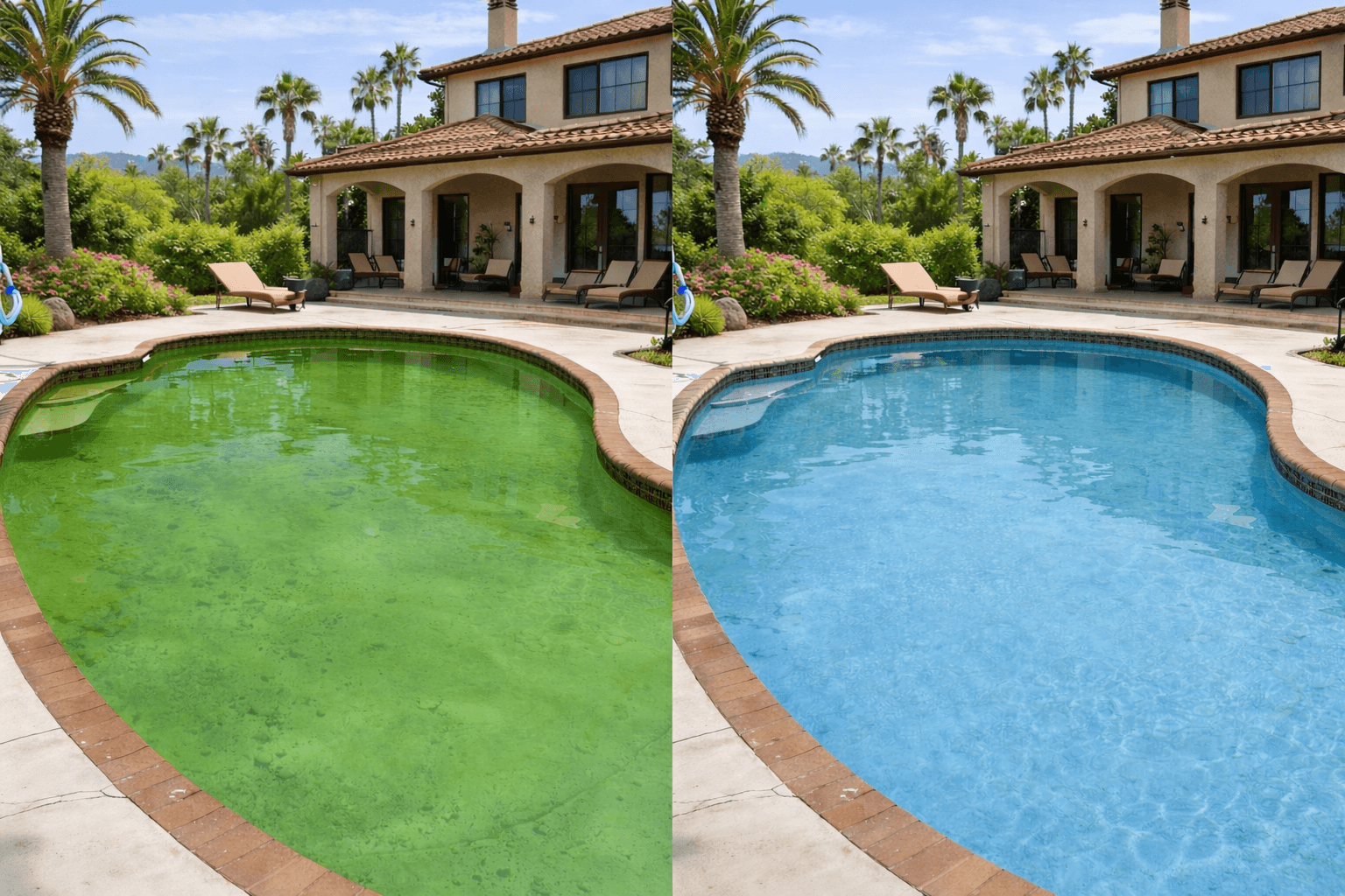 Professional pool technician treating green pool for algae recovery